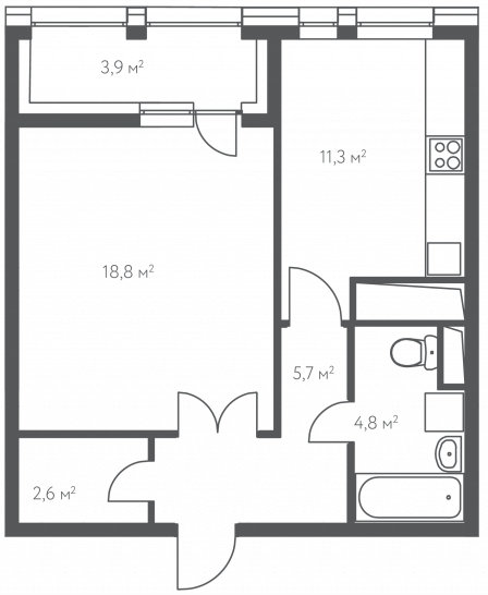 Однокомнатная квартира 45.2 м²