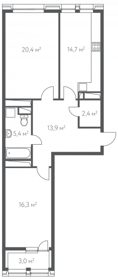 Двухкомнатная квартира 74.6 м²