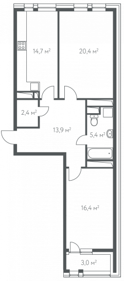 Двухкомнатная квартира 74.6 м²