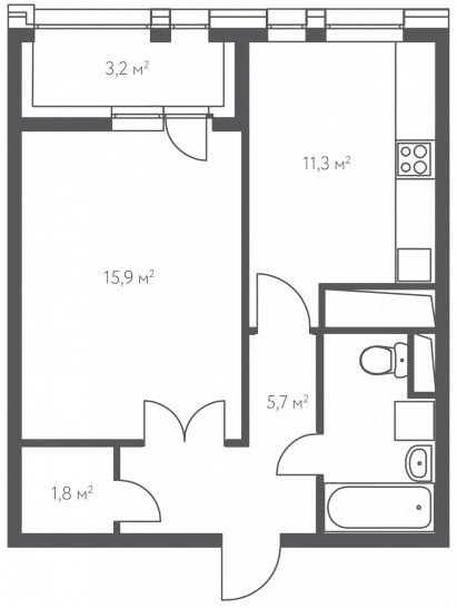 Однокомнатная квартира 41.1 м²