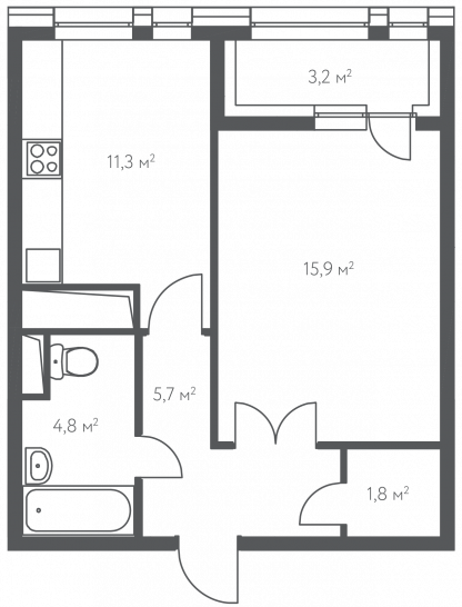 Однокомнатная квартира 41.1 м²