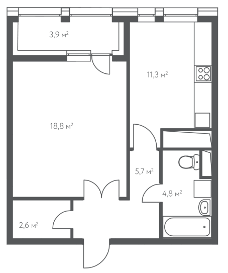 Однокомнатная квартира 45.2 м²
