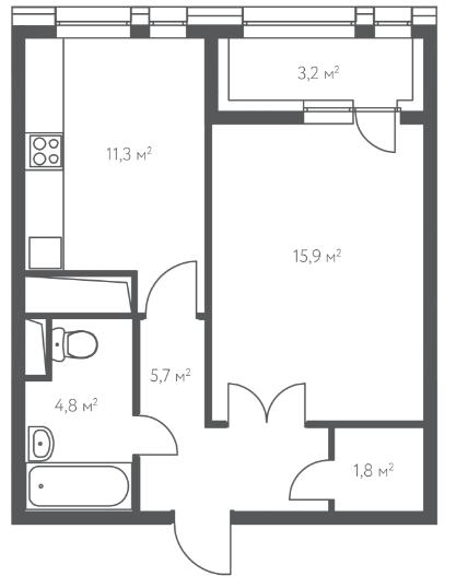 Однокомнатная квартира 41.1 м²
