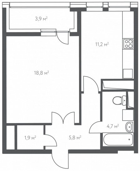 Однокомнатная квартира 44.5 м²